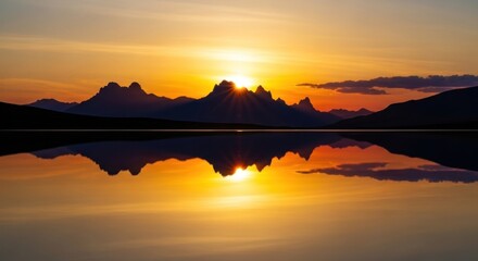 Golden sunset casts a brilliant glow on mountainous landscape and its mirrored lake
