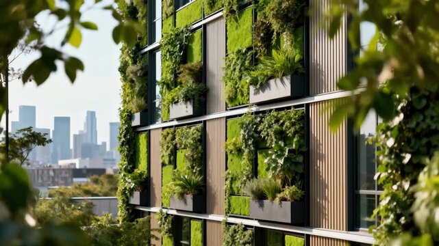 Medium shot focused on a green wall system emphasizing innovative greenery integration and natural aesthetics enriching building facades in an urban setting.