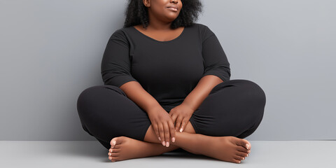 Confident woman sits cross-legged demonstrating body positivity and authentic self-acceptance gracefully.