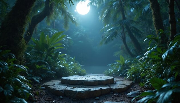Stone podium rests in moonlit jungle clearing. Rich green foliage surrounds path. Mist creates mysterious atmosphere for fantasy or nature themes.