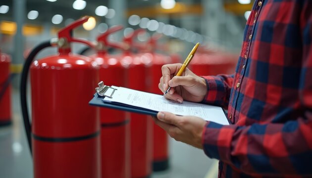 Safety inspector checks fire extinguishers in warehouse. Person uses clipboard and pen to record data. Fire prevention equipment needs regular maintenance.