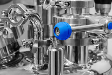 Food production machine with stainless steel pipes, cooling radiator as separator and tanks, valves and measuring instruments