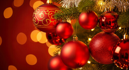 Close up of red christmas ornaments on a decorated tree with bokeh lights