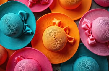 Close up photo of elegant colorful hats. Fashion accessories at race day event. Stylish headwear with bows in vibrant shades. Derby day outfit details for women. Traditional style fashion elements.
