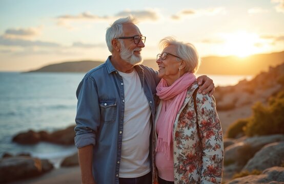 Elderly couple embraces on rocky coast, watching sea sunset. Love, happiness and freedom in retirement. Peaceful ocean view, warm golden hour light. Contented senior partners enjoy nature. - Powered by Adobe