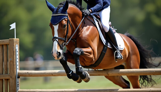 Equestrian rider and horse jump over wooden barrier during competition. Horse has brown coat with white blaze. Rider wears white pants dark top and helmet. - Powered by Adobe