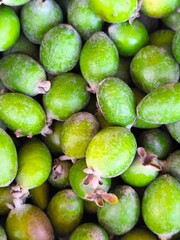A close-up view of fresh green feijoa fruits. The fruits are oval-shaped with a smooth skin and small brown tips. They are arranged closely together, showcasing their vibrant color.