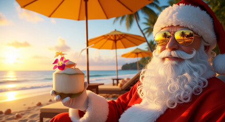 Naklejka premium Image shows Santa Claus with sunglasses holding a coconut drink on a beach at sunset, symbolizing a Christmas vacation or holiday getaway
