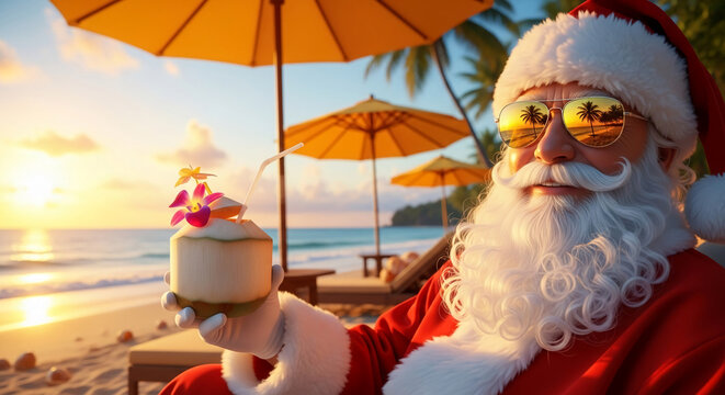 Image shows Santa Claus with sunglasses holding a coconut drink on a beach at sunset, symbolizing a Christmas vacation or holiday getaway