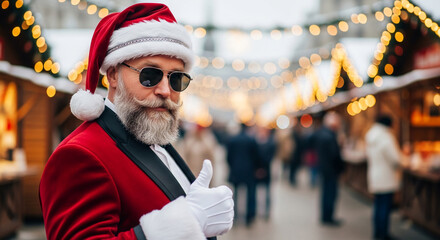 Close-up of person in red Santa suit, sunglasses, gives thumbs up, against bokeh light backdrop, represents festivity, holiday spirit, Christmas
