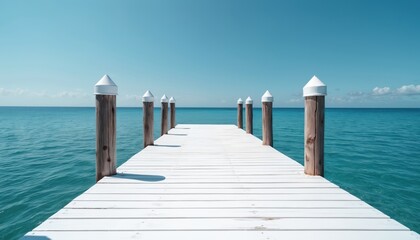 White wooden pier extends into calm blue ocean under clear sky. Peaceful water scene creates tranquil mood perfect for travel and leisure themes.