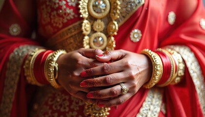 Indian bride wears red silk saree. Hands adorned with gold bangles, rings, henna. Ornate jewelry enhances festive bridal attire. Marriage ceremony details.