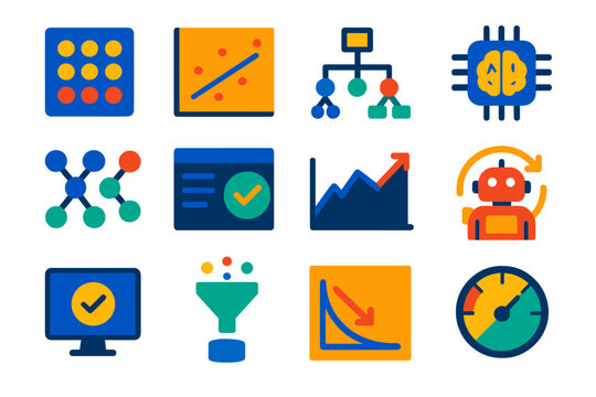 Machine Learning Icons. Flat vector icons of machine learning: training dataset, regression chart, decision tree, AI model,