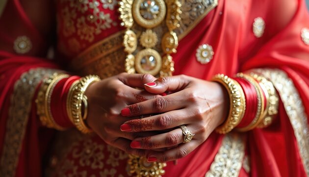 Indian bride wears red silk saree. Hands adorned with gold bangles, rings, henna. Ornate jewelry enhances festive bridal attire. Marriage ceremony details. - Powered by Adobe
