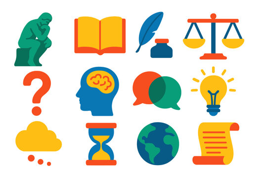 Philosophy Icon Collection. Flat vector icons of philosophy: thinker statue, open book, quill pen, scales of justice, question