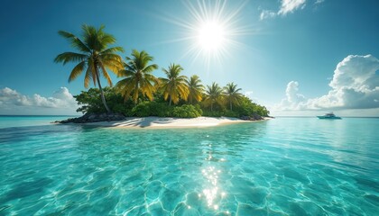 Idyllic tropical island with white sand beach, palm trees, and clear turquoise ocean water. Sun shines brightly in blue sky with fluffy clouds. Yacht floats serenely on calm sea.