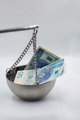 Polish zloty banknotes on balance scale financial concept.