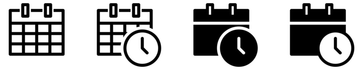 calendar and time cleck icons ,  for scheduling, events, reminders or scheduled event, date selection, or time management in outline and filled styles