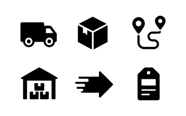 Logistics and shipping icons pack: delivery, parcel, warehouse, route markers