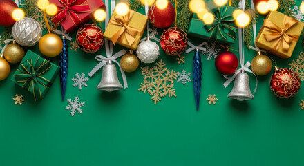 Festive christmas decorations with gifts and ornaments on green background