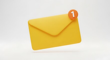 A yellow envelope with a notification indicating one unread message isolated on white background simple and clean design