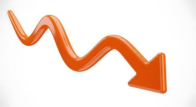 An orange arrow curves downward, indicating a decline, isolated on white background, symbolizing loss or failure