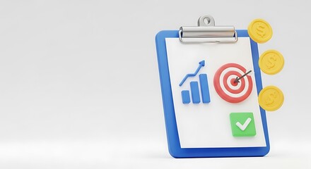 Financial target achievement depicted on clipboard isolated on white background with coins and graph