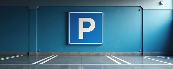 Clean interior parking lot with blue walls, white lines on floor, and a blue square sign with a large white letter P. This symbol signifies a designated vehicle parking area.