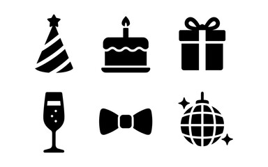 Fototapeta premium Party icons: celebration set featuring cake, gift, and disco ball