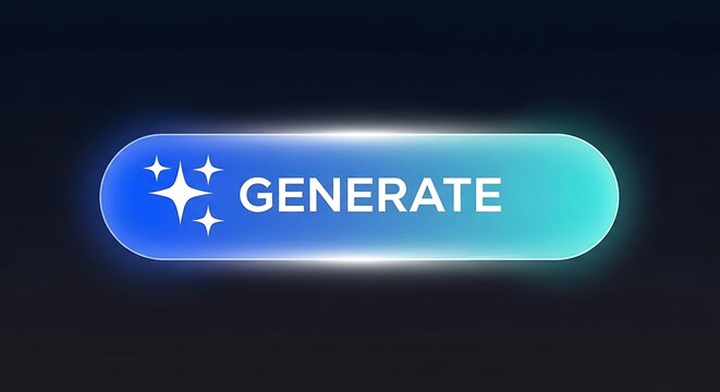 A vibrant blue and green gradient button with the word generate and sparkling stars against a dark background