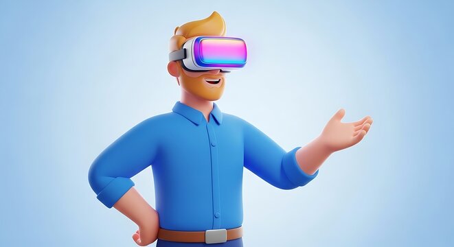 A cartoon man with a virtual reality headset is gesturing with his hand on a light blue background