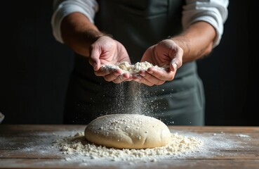 Man prepares dough on wooden counter. Sifts flour over ball of bread using both hands. Dark background highlights texture, process of food preparation. Image represents culinary skill, homemade