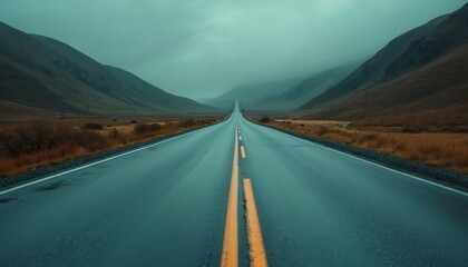Empty wet asphalt road stretches through vast valley towards misty mountains. Dry grass covers hillsides under overcast sky. Journey begins on lonely highway.