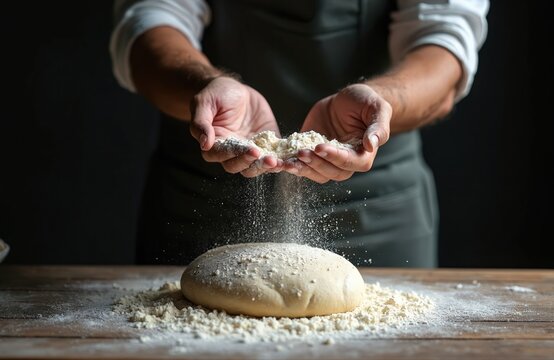 Man prepares dough on wooden counter. Sifts flour over ball of bread using both hands. Dark background highlights texture, process of food preparation. Image represents culinary skill, homemade
