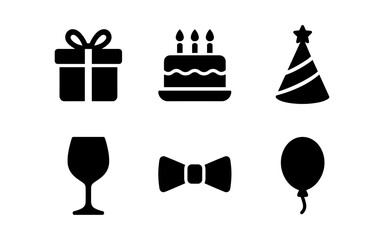 Party icon set: silhouette gift, cake, hat, glass, bow tie, balloon for celebrations
