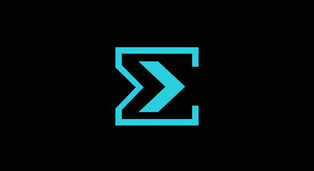 Abstract Geometric Emblem In Cyan with Arrow Symbol Against a Black Background