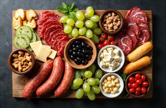Wooden board with grapes olives nuts cheese meats sausages cherry tomatoes and crackers served with mint. Great for parties and gatherings. Delicious appetizers.