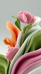 Dynamic and bright abstract 3D composition featuring textured pink, felt-like flowers on thin golden stems, emerging from a sculpted landscape