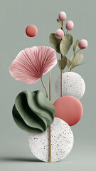 Contemporary and minimalist 3D abstract composition featuring a delicate pink fan-shaped flower, stylized green foliage, and various geometric objects, including textured green curves