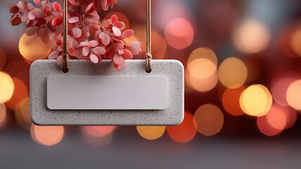 Hanging white stone sign with a blank inner panel and small pinkish-red leaves, set against a soft, festive background of blurred red and gold bokeh lights