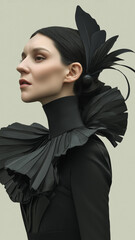 Stylish profile view of a woman wearing an elaborate, black pleated ruff collar and a matching feathered headpiece, showcasing a dramatic and sophisticated fashion look