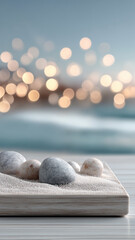 Vertical composition featuring smooth grey and white beach pebbles resting on fine sand and a wooden surface, set against a blurred background of warm, golden bokeh lights over a muted sea