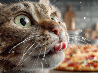 Ultra close-up profile shot of a cat's face with its tongue out and water droplets around, intensely focused on a blurred pizza slice in the background