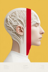 Conceptual 3D side-profile portrait of a human head with the brain and hair stylized as intricate white woven fibers or roots, split by a bold vertical red stripe, against a yellow background