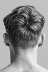 Monochrome close-up of a man's nape and back of the head, showcasing a detailed fade haircut with a clean line, emphasizing the texture and flow of the hair on top