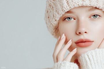 Close-up beauty portrait of a woman with flawless skin, bright blue eyes, and natural makeup, wearing a cozy, light beige knitted sweater and matching beanie hat,