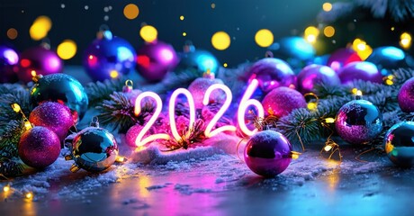 Festive scene showcases vibrant ornaments, glowing lights, snow. Neon digits display year 2026, creating joyful holiday atmosphere.