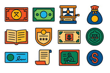 Colorful Money Icons. Flat vector icons of paper money origins: Chinese banknote, watermarked bill, printing press, silk money
