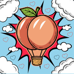 A hot air balloon shaped like a peach in a retro pop art comic style with a halftone effect and cloud background, vector illustration