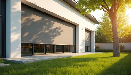 Modern house exterior features large windows with lowered roller blinds for sun protection and privacy. Green lawn and tree in foreground show rich landscaping. Bright sunlight illuminates the scene.